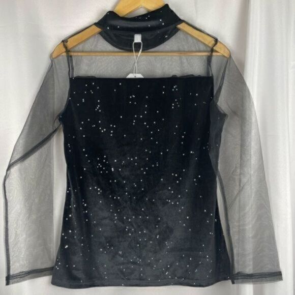 Aderez Tops - Aderez Black Sparkly Top Mesh Sleeves Bodice Medium NWT